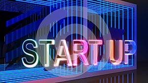 business start lettering with neon light, abstract image of startup, raise the challenge, higher level of competition, 3d