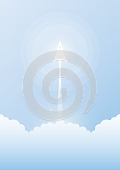 Business start up concept with rocket ship flying from clouds an