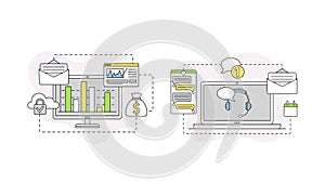 Business and Start-up Development with Chart on Computer and Call Center Vector Line Composition Set