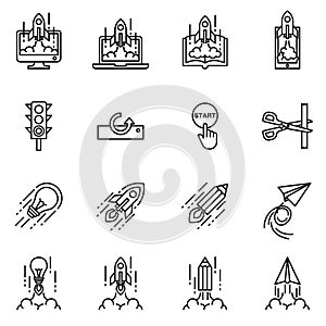 Business Start up icon concept. Rocket Launch. Line Style stock vector.