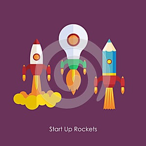 Business Start up launch concept. Flat trendy rocket start up icons set