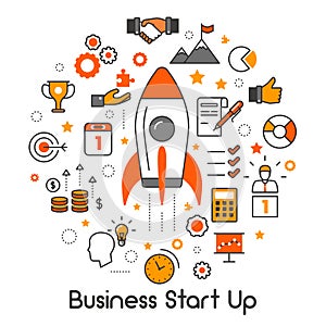 Business Start Up Line Art Thin Icons Set with Rocket and Creative Idea