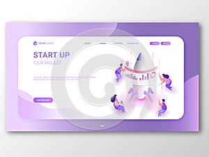 Business Start Up responsive landing page or banner design, illustration of new entrepreneurs working for their startup growth or