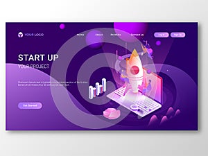 Business Start Up responsive landing page or banner design, illustration of new entrepreneurs working for their startup growth or