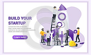 Business start up web banner concept design with people are working together building a rocket for launching new business. Boost
