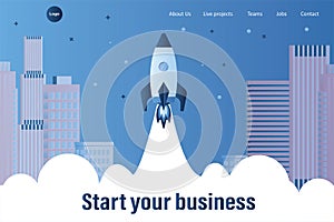 Business Startup banner or landing page template. Spaceship takeoff and city view on background