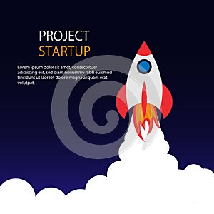 Business startup banner. Startup rocket in space. New creative idea for business. Success in management. Innovation project launch