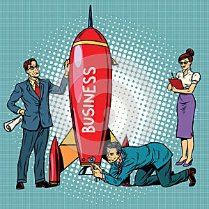 Business startup, businessmen and businesswomen launch a rocket