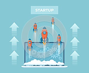 Business startup concept. Many rockets start from the laptop screen. Implementation and success of an innovative idea. Vector illu photo