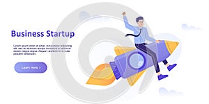 Business Startup Concept. Young business man flying on a rocket up. Startup your project. Launching of a new company. Landing page