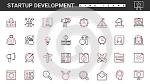 Business startup development, target marketing analysis thin red and black line icons set