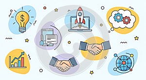Business Startup Icons Idea, Launch, Partnership, Growth