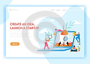 Business Startup Landing Page Template. Launch a New Project Website with Characters Launches Rocket Using Laptop