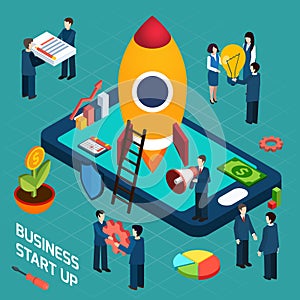 Business startup launch concept isometric poster