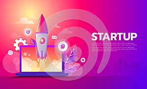 Business Startup launching product with rocket concept. Template and Background.