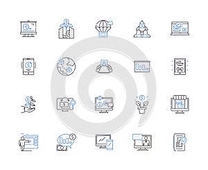 Business startup outline icons collection. Entrepreneur, Investment, Plan, Market, Management, Growth, Customers vector