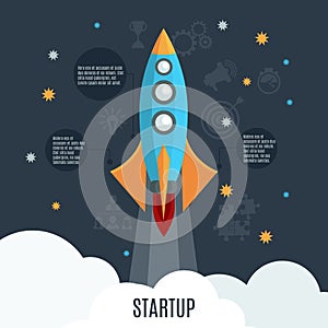 Business startup rocket launch flat poster