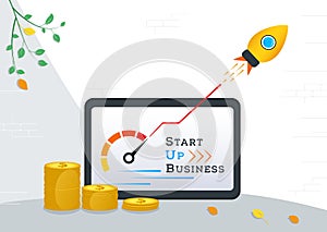 Business startup, rocket launch, opening of a new online start up, financial investments in ideas online. Concept for web page