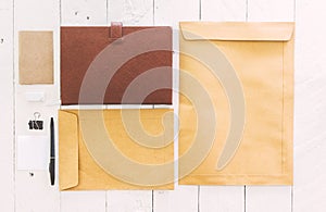 Business stationary set on wooden background