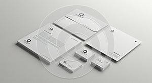 Business stationery set on a light surface includes a letterhead, envelope, two