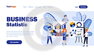 Business statistics flat landing page template with header. Financial service web banner, homepage design. Data analysis vector