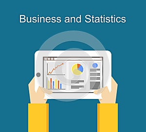 Business and statistics illustration flat designs. Monitoring business and statistics concept illustration on gadget screen.