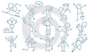 Business stickman. Hand drawn characters people figures expressions jumping running holding pointing vector business set