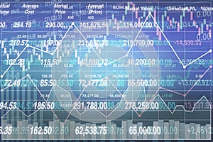 Business stock financial index with graph, chart, candlestick and data number for stock market trade.