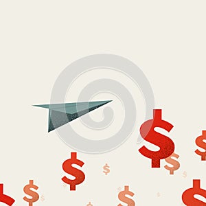 Business stock market vector concept with paper plane flying above dollar sign. Symbol of trading, exchange.