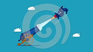 business strategies boosting. Businesswoman flying on a chess horse coming out of a cannon. vector