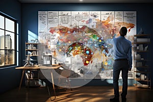 Business strategy analyst develops plan on whiteboard