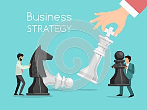 Business strategy chess playing concept. Business chessman competition vector illustration. Businessmen hold chess