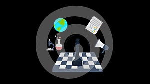 Business Strategy concept animation loop with globe and Megaphone, chess motion graphics video transparent background with alpha