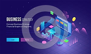 Business Strategy concept based landing page design with isometric illustration of laptop, financial graphs, smartphone and