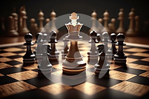 Business strategy concept with figures on chessboard on blurred and wooden table close-up