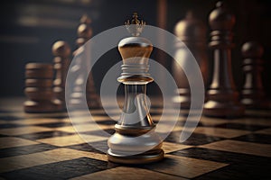 Business strategy concept with figures on chessboard on blurred and wooden table close-up