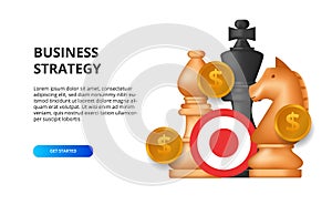 Business strategy concept. marketing goal success for finance. illustration of chess, king, horse, golden money