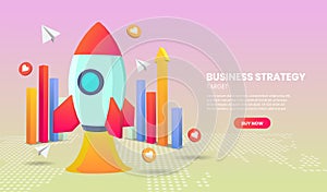 Business strategy concept with rocket and graph Application Vector 3d