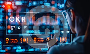 Business strategy concept showing OKR Objectives and Key Results methodology person interacting on futuristic virtual interface