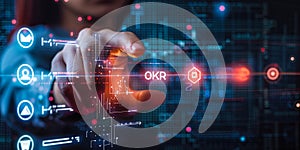 Business strategy concept showing OKR Objectives and Key Results methodology person interacting on futuristic virtual interface