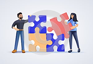Business strategy illustration. Business concept. Team metaphor people connecting puzzle. Characters assembling jigsaw