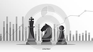 Business Strategy Illustration With Chess Pieces And Graphs, Gray Background