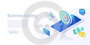 Business strategy isometric vector illustration. Data analytics for company marketing solutions or financial performance. Budget
