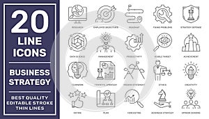 Business Strategy and Management icons set. Thin Line Set contains Vision, Mission, Values, Strategy, Rating, Human Resource,