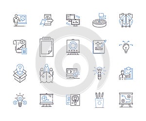 Business strategy outline icons collection. Management, Planning, Analysis, Execution, Profit, Policies, Goals vector