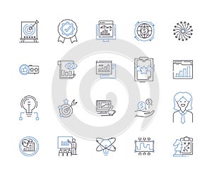 Business strategy outline icons collection. Management, Planning, Analysis, Execution, Profit, Policies, Goals vector