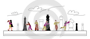 Business strategy with people moving chess figures, flat vector isolated.