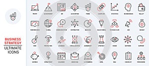 Business strategy red black thin line icons set, activity process and organization, company growth.