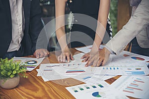 Business strategy team report chart, graph, infographic data analyze financial report plan. Hands team partner planning marketing