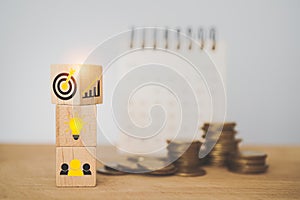 Business strategy, vision, brainstorming, Action plan, Goal and target, success concept, stack of wooden cube blocks with